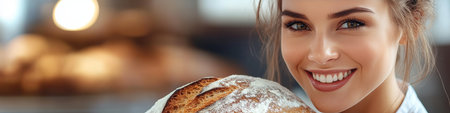 Bakery Beauty, Woman holding Fresh Bread, portrait. Natural Light, Shallow depth of Fieldの素材