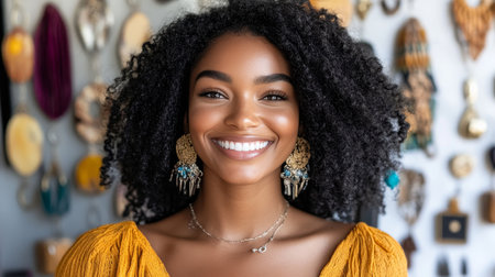 Radiant Entrepreneur with a Stunning Smile Surrounded by her Beautiful Handcrafted Jewelryの素材