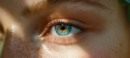 Human Eye, Close Up with Sunshine, Bright Blue Iris Reflection, Freckles, Soft Skin Textureの素材