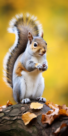 Portrait of a Cute Squirrel Holding a Nut While Perched on a Tree Branch, Autumn Sceneryの素材