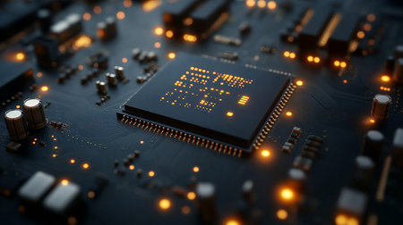 Advanced AI Chip The Core of Artificial Intelligence Illuminates a Modern Circuit Board.の素材