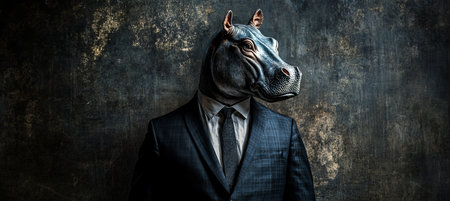 Studio Portrait of Anthropomorphic Hippopotamus in Suit, Animal Human Blend, Dark Artの素材