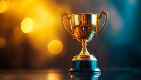 Golden Trophy on Reflective Surface with Bokeh Lights, Celebrating Success and Achievementの素材