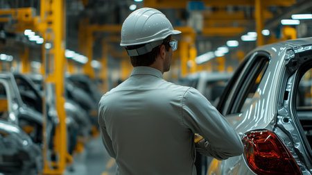 Engineer in Hardhat Overseeing Production on Automotive Factory Floor, Quality Controlの素材