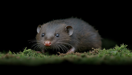 Curious Little Mole Emerging from its Dark Burrow, Exploring the Lush Green Mossy Surroundings.の素材