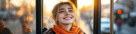 Smiling Young Woman with Scarf, Enjoying the Golden Hour Cityscape View from a Bus Window.の素材