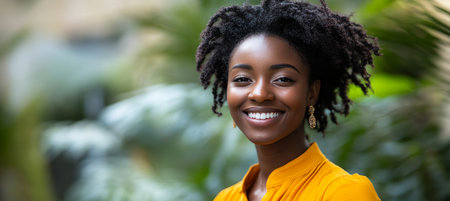 Portrait of a Confident Young Woman with a Genuine Smile, Embracing Natural Beauty Outdoorsの素材