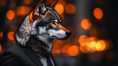 Sophisticated Wolf in Suit, Anthropomorphic Portrait on Dark Background with Bokeh Lights.の素材