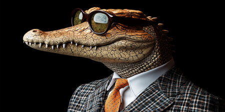 Anthropomorphic Crocodile in Suit, Profile on Dark Background, Blending Animal and Human Traitsの素材
