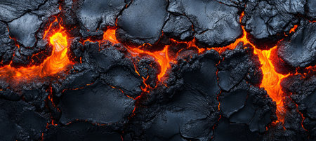 Molten Lava Cracks, Solidified Black Volcanic Rock, Vibrant Colors, Extreme Close Up, Sharp Focusの素材