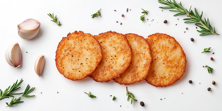 Crispy Potato Pancakes, Rosti or Fritters with Fresh Herbs Rosemary and Spices. View From Above,の素材