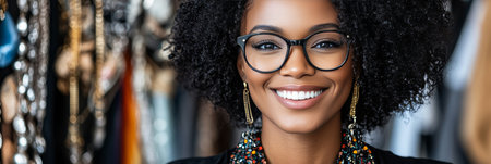 Confident Young Designer with Glasses Smiles Brightly Among Handmade Jewelry on Displayの素材