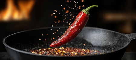 Cayenne pepper flying over a frying pan with seasonings, culinary art and spicy food concept.の素材