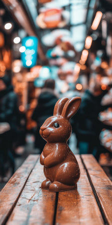 Chocolate Bunny on a Table with Blurred Market Background, Easter Treat or Decorationの素材