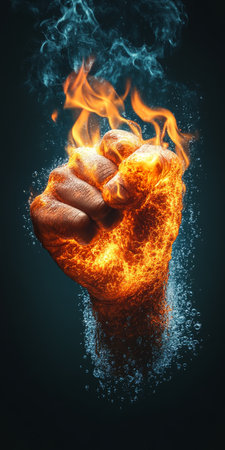 Fiery Fist Of Power, Abstract Hand With Flames And Smoke, Vibrant Concept Of Strengthの素材