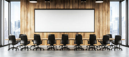 Modern conference room interior with large blank whiteboard, city view. Mockup. 3D rendering.の素材