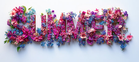 Vibrant SUMMER Word Created With a Colorful Floral Arrangement, Studio Shot on White Backgroundの素材