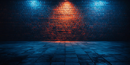 Illuminated Grunge Brick Wall Background, with Eerie Blue Light Glowing in Dark Roomの素材