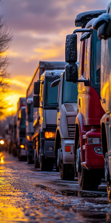 Line of Trucks Parked at Sunset Transport, Logistics, and the Beauty of the Open Roadの素材