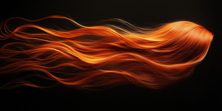 Auburn brown hair. Long hair flowing in the wind. Shiny, wavy hair on a black backgroundの素材