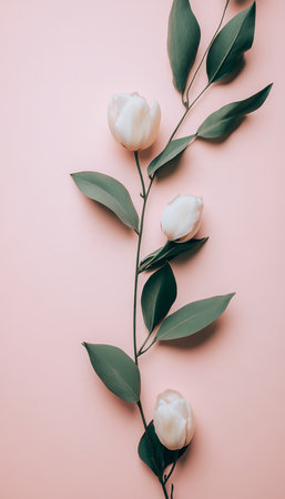 Elegant Minimalistic Composition, Sprig of Green Plant with White Pearl Buds on Pink Backgroundの素材
