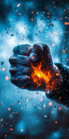 Fiery Fist of Power A Symbol of Strength, Determination, and the Intensity of Human Will.の素材
