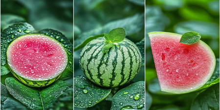 Collage of Fresh, Ripe Watermelon Slices and Whole Fruit Displayed on Vibrant Green Leavesの素材