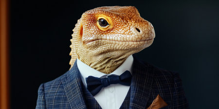 Reptilian Professional Close-Up Portrait of a Bearded Dragon in Formal Attire on a Dark Backgroundの素材