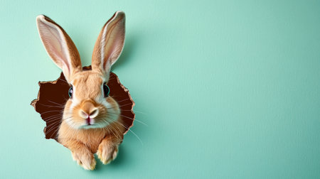 Curious Easter Bunny Peeking Through a Torn Hole in a Pastel Green Wall, Spring Festivitiesの素材