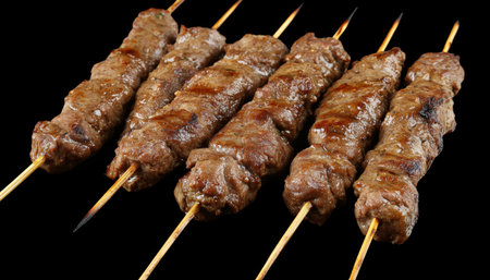 Grilled Shish Kebab Skewers with Tender Beef and Spices on a Dark Background With Copy Spaceの素材