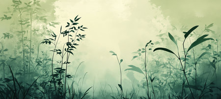 Airy Watercolor Botanical Scene, Pastel Leaves Silhouettes in Green and Soft Pink Backgroundの素材