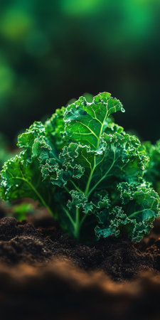 Close-up of healthy organic kale growing in rich soil, vibrant green leaves thriving in garden bed.の素材