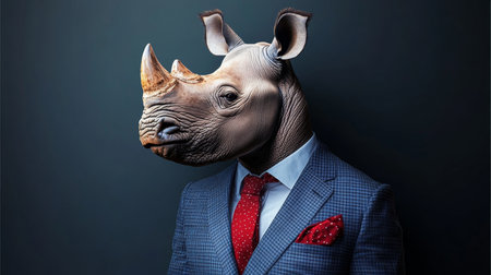 Anthropomorphic Rhinoceros Businessman in Suit and Tie, Profile View on a Dark Backgroundの素材