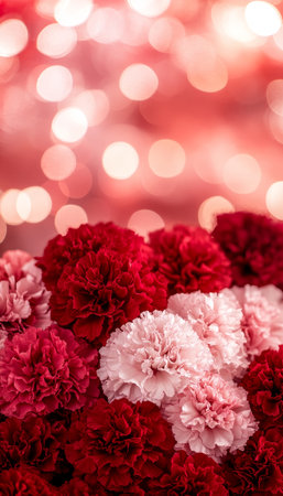 Romantic Bouquet of Pink and Red Carnations Close Up, With A Blurred Bokeh Backgroundの素材