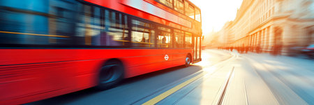 Iconic Red Double Decker Bus Speeding Through London Street, Motion Blur, Cityscape, Sun Flareの素材