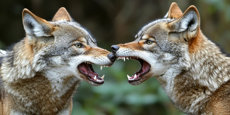Two Gray Wolves, With Open Mouths And Teeth Showing, Snarling At Each Other In The Wilderness.の素材