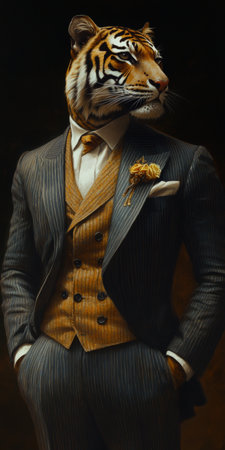 Anthropomorphic Tiger in a Suit, Animal Human Hybrid Posing in Formal Wear Against Dark Backgroundの素材