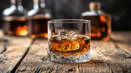 Glass of Whiskey with Ice on Rustic Wooden Table, With Bottles in Background, Bar Sceneの素材