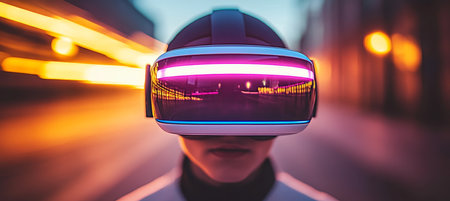 Exploring the Metaverse Person Immersed in VR Experience, City Lights Blur, Dynamic Visualsの素材