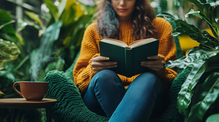 Woman Immersed in a Book, Enjoying a Moment of Relaxation in Lush Indoor Garden Settingの素材