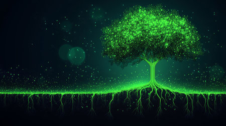 Glowing Green Tree with Digital Neuron Roots on Dark Background, Technology and Nature Conceptの素材