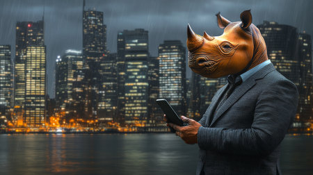 Rhinoceros in Business Suit with Smartphone Against Cityscape, Anthropomorphic Conceptの素材