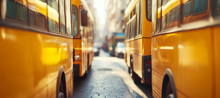 City Public Transportation Yellow Buses Parked on Narrow Street with Blurred Urban Backgroundの素材
