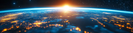 Spectacular View Of Planet Earth From Space With City Lights At Night. World Map At Sunsetの素材