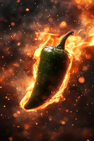 Fiery Jalapeo Isolated Green Chilli Pepper Engulfed in Vibrant Flames on Dark Background.の素材