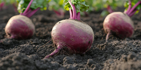 Fresh, organic beets growing in a garden bed. Vibrant red beetroot in rich soil, ready for harvest.の素材