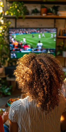 Friends Gather Around a Screen to Watch Live Sports Broadcasting at Home during a Matchの素材