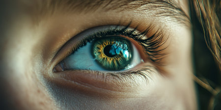 Close-Up View of Captivated Eye with Reflected Digital Image Engagement And Immersionの素材