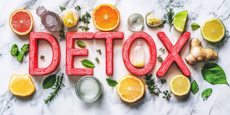 Detox Word Made From Natural Fruits, Herbs, Spices, And Essential Oils For Cleansing Conceptの素材