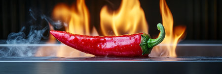 Red Hot Chili Pepper in Flames A Vibrant Red Chili Pepper Enveloped in Blazing Hot Fire and Smokeの素材